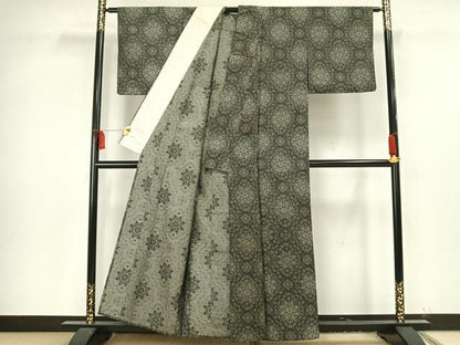 平和屋着物▽お召 単衣 吉祥花文 黒地 正絹 逸品 AAAV2854fy