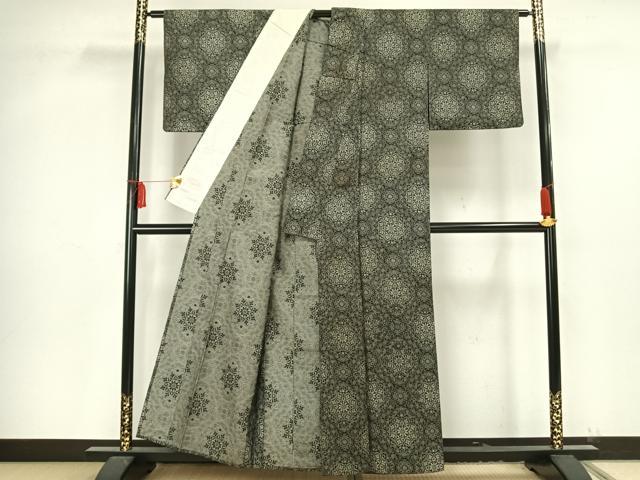 平和屋着物▽お召 単衣 吉祥花文 黒地 正絹 逸品 AAAV2854fy