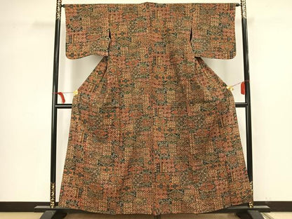 平和屋着物▽上質な小紋 単衣 紬地 更紗花文 正絹 逸品 AAAV2856fy