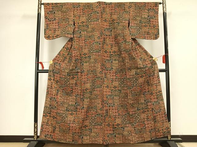 平和屋着物▽上質な小紋 単衣 紬地 更紗花文 正絹 逸品 AAAV2856fy