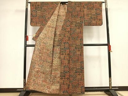 平和屋着物▽上質な小紋 単衣 紬地 更紗花文 正絹 逸品 AAAV2856fy