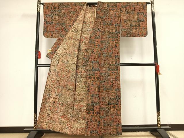平和屋着物▽上質な小紋 単衣 紬地 更紗花文 正絹 逸品 AAAV2856fy