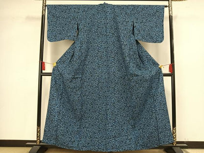 平和屋着物▽上質な小紋 単衣 紬地 型染め 草花文 藍 正絹 逸品 AAAV2857fy