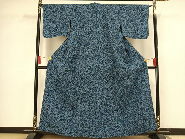 平和屋着物▽上質な小紋 単衣 紬地 型染め 草花文 藍 正絹 逸品 AAAV2857fy