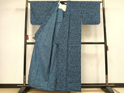 平和屋着物▽上質な小紋 単衣 紬地 型染め 草花文 藍 正絹 逸品 AAAV2857fy