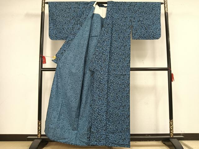 平和屋着物▽上質な小紋 単衣 紬地 型染め 草花文 藍 正絹 逸品 AAAV2857fy