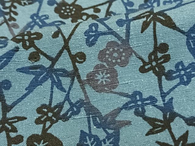 平和屋着物▽上質な小紋 単衣 紬地 型染め 草花文 藍 正絹 逸品 AAAV2857fy
