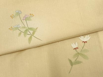 平和屋着物▽上質な小紋　単衣　紬地　手描き　草花文　正絹　逸品　AAAV2858fy