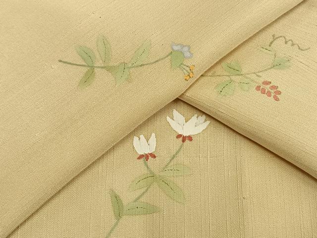 平和屋着物▽上質な小紋　単衣　紬地　手描き　草花文　正絹　逸品　AAAV2858fy
