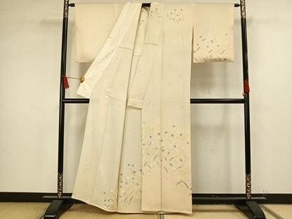 平和屋着物▽訪問着 単衣 手描き 草花文 正絹 逸品 AAAV2861fy