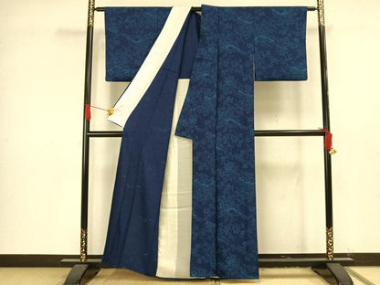 平和屋着物▽上質な小紋 単衣 本藍 型染め 草花文 正絹 逸品 AAAV2867fy
