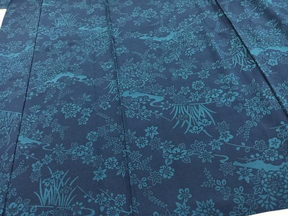 平和屋着物▽上質な小紋 単衣 本藍 型染め 草花文 正絹 逸品 AAAV2867fy