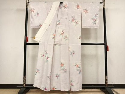 平和屋着物▽上質な小紋　単衣　手描き　草花文　地紋起こし　正絹　逸品　未使用　AAAV2869fy