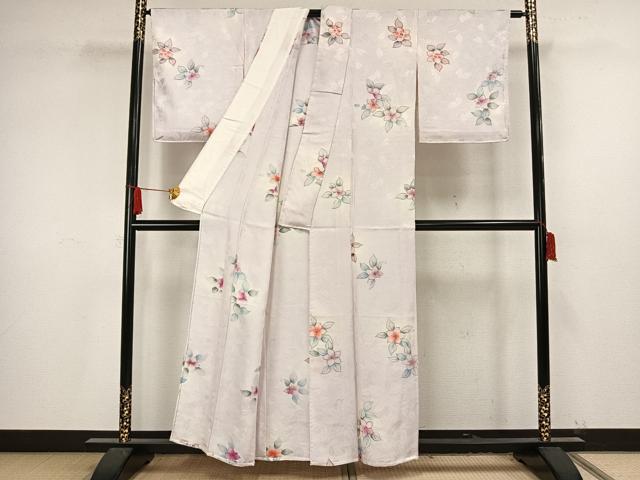 平和屋着物▽上質な小紋　単衣　手描き　草花文　地紋起こし　正絹　逸品　未使用　AAAV2869fy