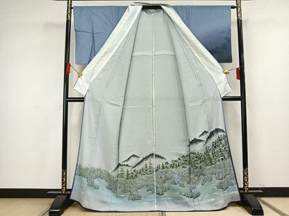 平和屋着物▽訪問着 無双 紗袷 紗×絽 風景文 玉泉 こぐま 銀彩 さが美扱い 反端付き 正絹 逸品 未使用 AAAV2870fy
