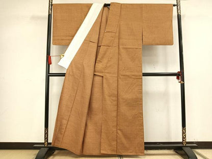 平和屋着物▽上質な紬 単衣 色無地 小毛利作 黄枯茶色 正絹 逸品 AAAV2873fy