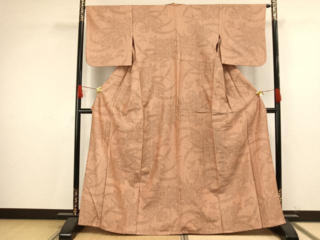 平和屋着物▽上質な紬　単衣　草花文　正絹　逸品　AAAV2877fy