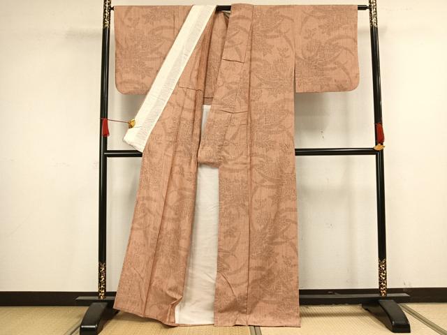 平和屋着物▽上質な紬　単衣　草花文　正絹　逸品　AAAV2877fy