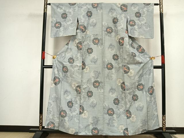 平和屋着物▽上質な紬 単衣 吉祥花文 正絹 逸品 AAAV2878fy