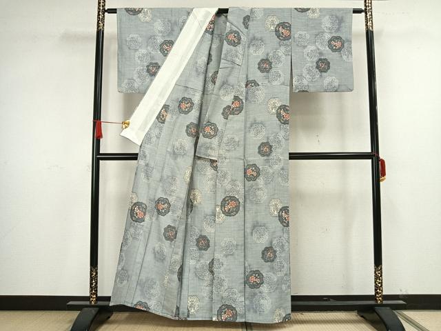 平和屋着物▽上質な紬 単衣 吉祥花文 正絹 逸品 AAAV2878fy