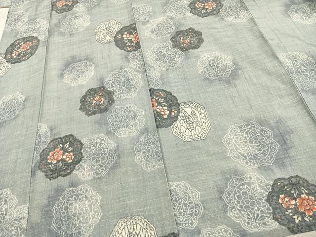 平和屋着物▽上質な紬 単衣 吉祥花文 正絹 逸品 AAAV2878fy