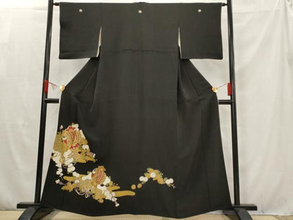 平和屋着物■豪華黒留袖　駒刺繍　吉祥花文　小槌　正絹　逸品　AAAV2956st