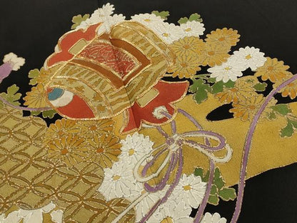 平和屋着物■豪華黒留袖　駒刺繍　吉祥花文　小槌　正絹　逸品　AAAV2956st