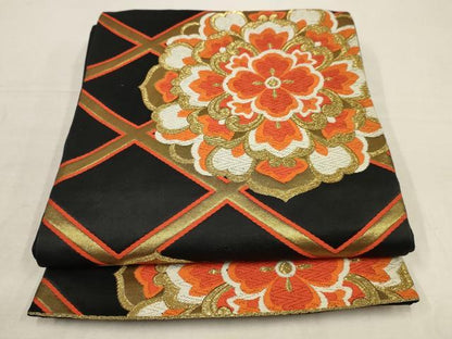 平和屋着物◎六通柄袋帯 唐織 正倉院花文 黒地 金糸 正絹 逸品 AAAV3114sw