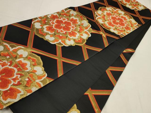 平和屋着物◎六通柄袋帯 唐織 正倉院花文 黒地 金糸 正絹 逸品 AAAV3114sw