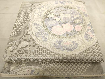 平和屋着物◎六通柄袋帯 唐織 絵皿花文 銀糸 正絹 逸品 AAAV3127dt