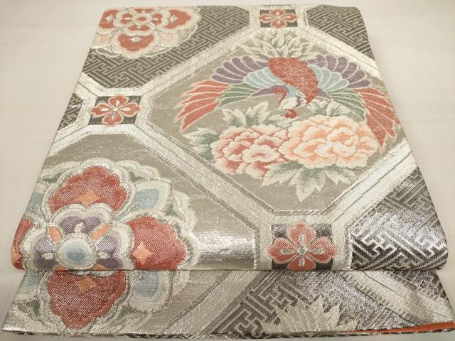 平和屋着物◎六通柄袋帯　蜀江鳳凰花文　銀糸　正絹　逸品　AAAV3141dt