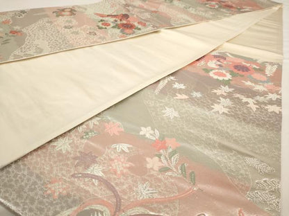平和屋着物◎六通柄袋帯　唐織　鳳凰花文　銀糸　正絹　逸品　AAAV3154dt