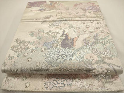 平和屋着物◎六通柄袋帯 唐織 孔雀花文 銀糸 正絹 逸品 AAAV3182dt