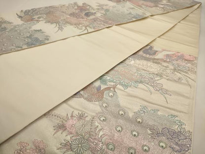 平和屋着物◎六通柄袋帯 唐織 孔雀花文 銀糸 正絹 逸品 AAAV3182dt