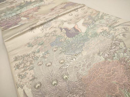 平和屋着物◎六通柄袋帯 唐織 孔雀花文 銀糸 正絹 逸品 AAAV3182dt