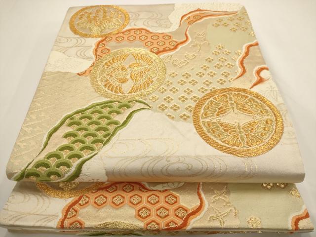 平和屋着物◎六通柄袋帯 唐織 吉祥花蝶文 鳥 金糸 正絹 逸品 AAAV3192dt