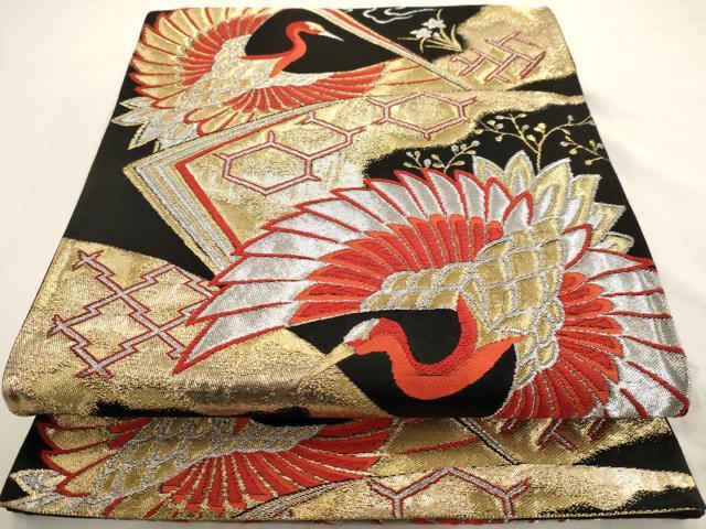 平和屋着物◎六通柄袋帯　唐織　飛鶴文　黒地　金銀糸　正絹　逸品　AAAV3200dt