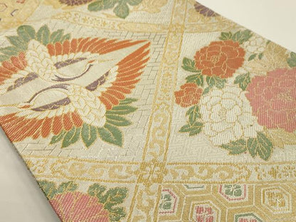 平和屋着物◎六通柄袋帯 双鶴花天井文 金銀糸 正絹 逸品 AAAV3293sx