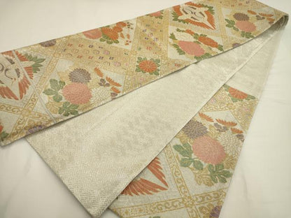 平和屋着物◎六通柄袋帯 双鶴花天井文 金銀糸 正絹 逸品 AAAV3293sx
