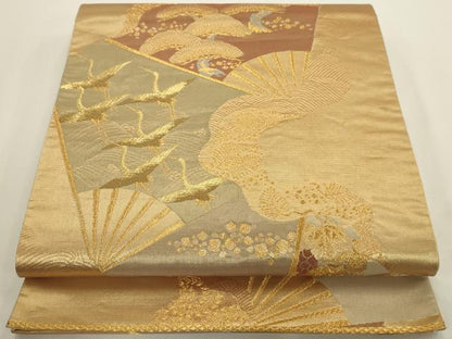 平和屋着物◎六通柄袋帯 扇面飛鶴文 金糸 正絹 逸品 AAAV3294sx