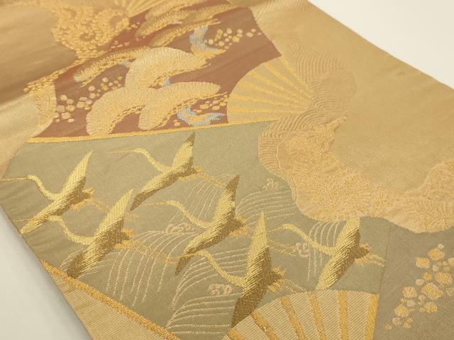 平和屋着物◎六通柄袋帯 扇面飛鶴文 金糸 正絹 逸品 AAAV3294sx