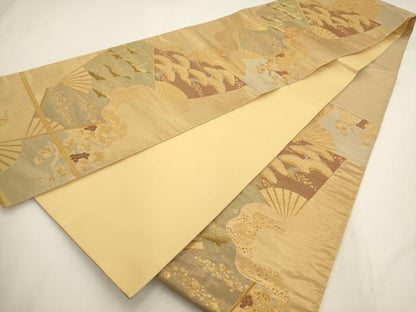 平和屋着物◎六通柄袋帯 扇面飛鶴文 金糸 正絹 逸品 AAAV3294sx