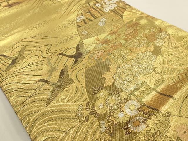 平和屋着物◎六通柄袋帯 流水飛鶴扇面花文 金銀糸 正絹 逸品 AAAV3311sx