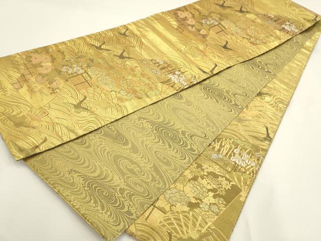 平和屋着物◎六通柄袋帯 流水飛鶴扇面花文 金銀糸 正絹 逸品 AAAV3311sx