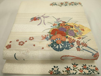 平和屋着物◎六通柄袋帯 唐織 扇面鳳凰花車文 金糸 正絹 逸品 AAAV3312sx
