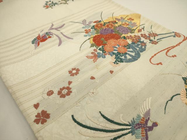 平和屋着物◎六通柄袋帯 唐織 扇面鳳凰花車文 金糸 正絹 逸品 AAAV3312sx