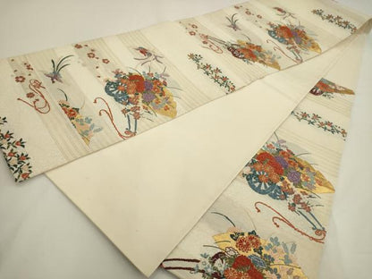 平和屋着物◎六通柄袋帯 唐織 扇面鳳凰花車文 金糸 正絹 逸品 AAAV3312sx