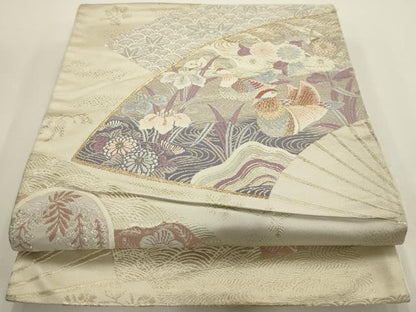 平和屋着物◎六通柄袋帯 唐織 扇面鴛鴦花文 金銀糸 正絹 逸品 AAAV3317sx