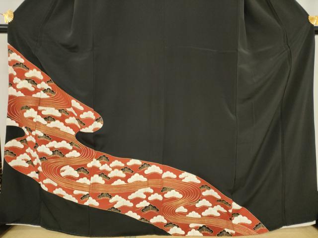 平和屋着物■豪華黒留袖　駒刺繍　流水松文　金彩　正絹　逸品　AAAV4228ma
