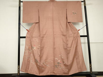 平和屋着物▽訪問着 単衣 紬地 手描き 枝花文 正絹 逸品 AAAV4261cs